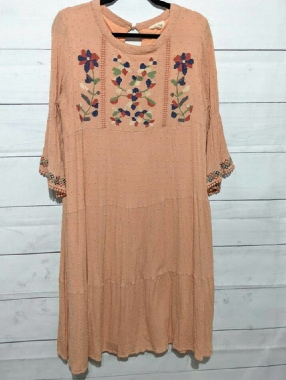 ORANGE CREEK Peach Clip Dot Floral Embroidery Peasant Dress Round Neck Pckts LG